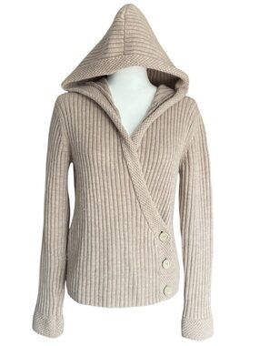 A Giannetti Merino Wool Ribbed Wrap Sweater Hooded Beige Vtg 90s Y2K Womens XL